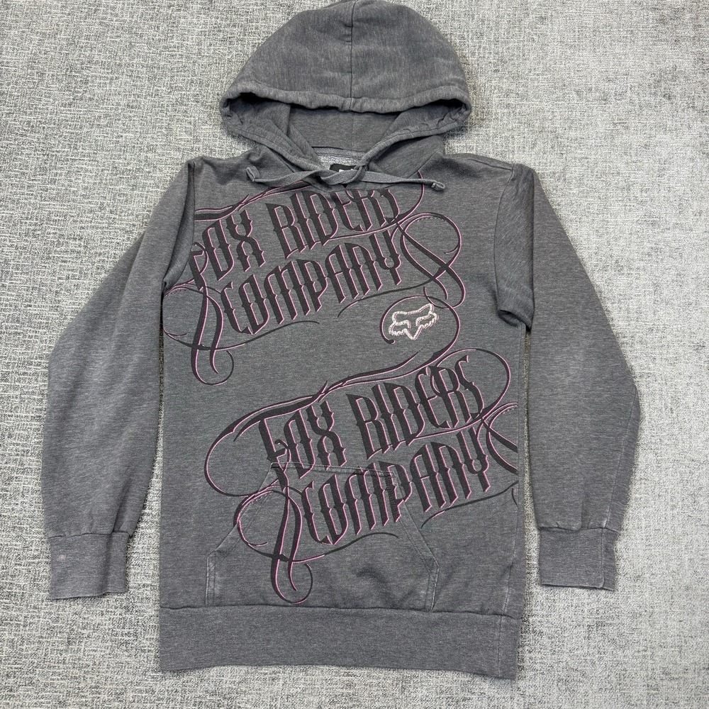 Fox Racing Hoodie Women's Small Gray Pink Sweatshirt Grunge Rock Y2K - Picture 2 of 9